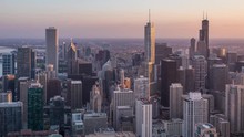 Beautiful Chicago Skyline Skyscrapers Day To Night Aerial Sunset Timelapse