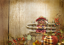 Autumn Illustration With Pumpkin And Scarecrow On The Boards