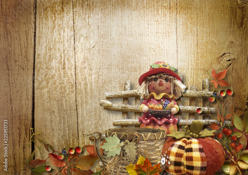 Cuadros en Lienzo Autumn illustration with pumpkin and scarecrow on the boards