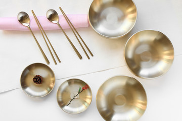 Korean high quality brass tableware. Top view. 