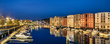 Panorama Of The Colorful Houses And  The Nidelva River, Trondheim, Norway.