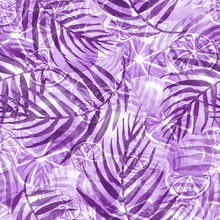 Seamless Watercolor Background From Purple Pink, Tropical Leaves, Palm Leaf, Fern, Floral Pattern. Bright Rapport For Paper, Textile, Wallpaper, Design. Tropical Leaves,citrus, Orange Watercolor.
