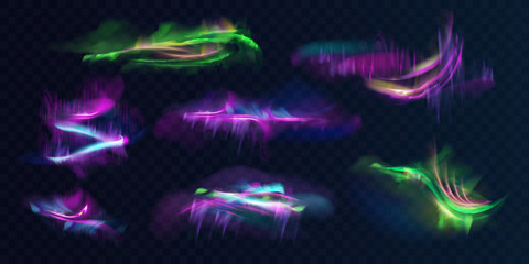 set of shining, glowing polar or northern lights in atmosphere realistic vector on transparent backg
