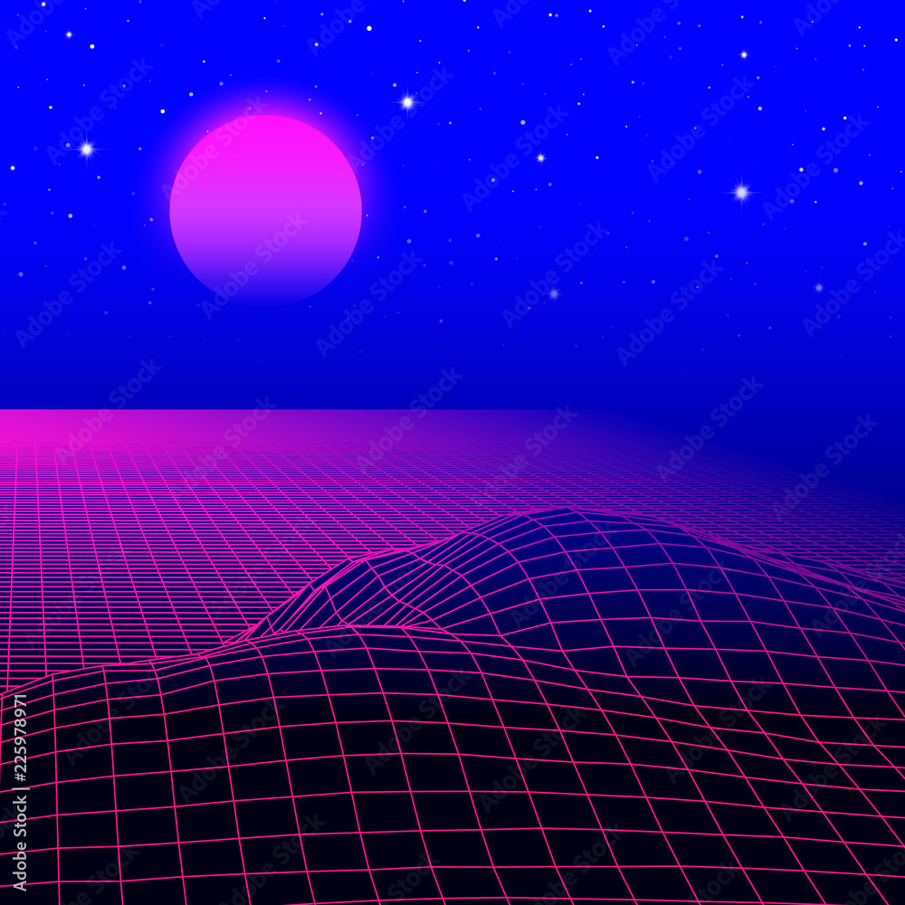 Landscape with wireframe grid of 80s styled retro computer game or science background 3d structure with sun and mountains - obrazy, fototapety, plakaty 