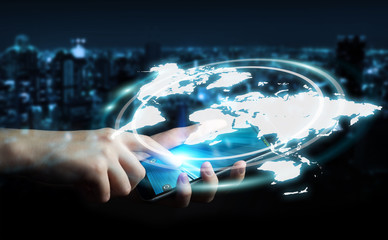 Poster - Businesswoman using digital world map interface 3D rendering