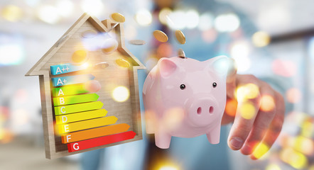 Wall Mural - businessman saving money with good energy chart rating 3d rendering