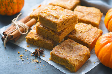 pumpkin bars with cinnamon sugar crust, freshly baked pumpkin blondies