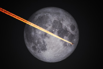 Wall Mural - a plane flight in front of the full moon by night sky