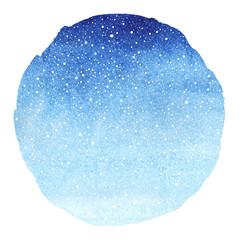 Winter sky round gradient watercolor background. Circle, sphere shape with falling snow, flakes, snowfall dot texture. Christmas, New Year hand drawn template with uneven edge. Blue watercolour stains