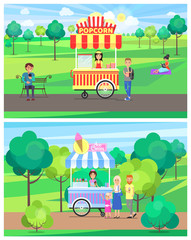 Popcorn and Ice Cream Vans in Green Summer Park