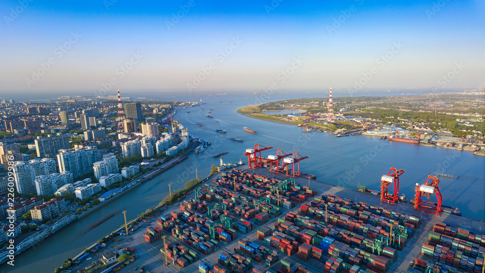 aerial view of dock in shanghai - obrazy, fototapety, plakaty 