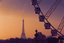 Paris, France, View On Concord Square - Observation Wheel, Eiffel Tower In The Evening Sunset Sun Rays. Selective Focus