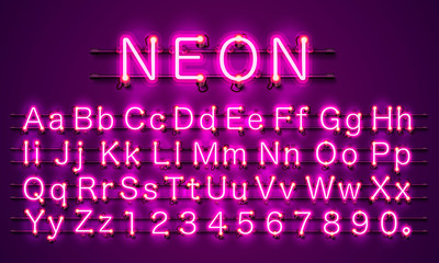 Sticker - Neon banner text. Neon font city color purple, Alphabet font. Vector illustration