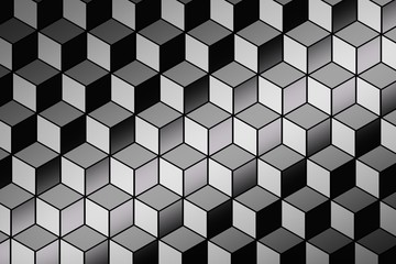 Pattern with three dimensional cubes in black and white gray colors. 3d illustration.