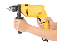 Hand Holding Electric Drill Isolated On White Background