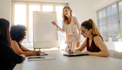 Wall Mural - Woman giving presentation on budget to colleagues