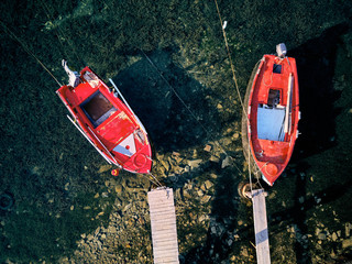 Poster - Wooden pier with fishing boats top view