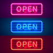 Neon sign with text open, entrance is available color set. Vector illustration