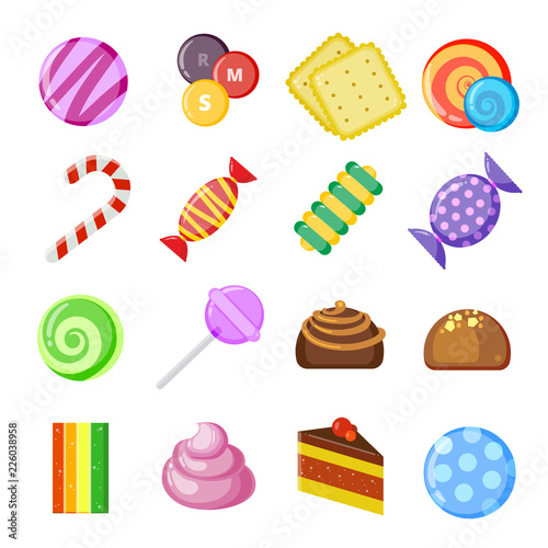 Sweets Collection Caramel And Chocolate Wrapped Colored Candies Biscuits Cakes Vector Cartoon Illustrations Isolated Buy This Stock Vector And Explore Similar Vectors At Adobe Stock Adobe Stock