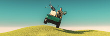 Golf Player With Golf Cart Giving A Jump 3d Illustration