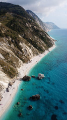 Aerial drone photo of popular beach of Kavalikefta with turquoise clear sea in island of Lefkada, Ionian, Greece