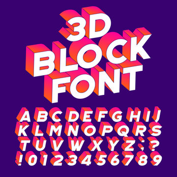3D block alphabet font. Three-dimensional effect letters, numbers and symbols. Stock vector typography for your design.