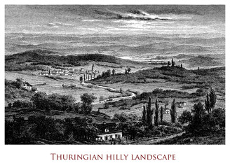 engraving depicting an idyllic thuringian landscape - germany