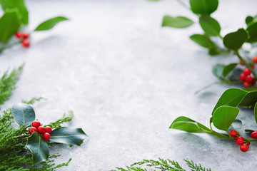 Wall Mural - christmas decorations, holly leaves with red berries.