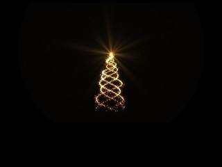 Wall Mural - gold christmas tree magic lights on black background for greeting card.