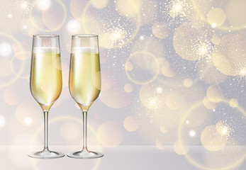 Realistic vector illustration of champagne glasses on blurred holiday silver sparkle background