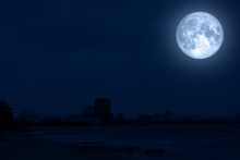 Full Blue Moon Back Silhouette City Beach Coast
