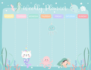 Wall Mural - Pastel weekly calendar planner with little mermaid,caticorn,squid,coral and sea horse