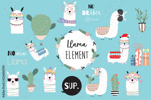 Fotografía Blue hand drawn cute card with llama, heart glasses and hat in winter christmas
