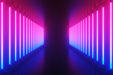 Wall Mural - futuristic sci-fi abstract blue and purple neon light shapes on black background with empty space fo