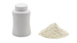 Talcum powder, next to is the white container, isolated on a white background with a clipping path.