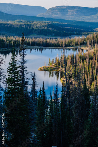 Fotografie, Obraz Alpine Lake Surrounded by Pine Trees at Sunrise