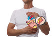 Man having a pain in the heart area. Heart health, High Blood Pressure prevention concept