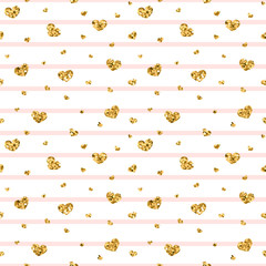Wall Mural - gold heart seamless pattern. pink-white geometric stripes, golden confetti-hearts. symbol of love, v