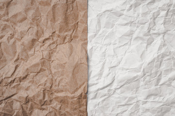 Brown craft and white cumpled paper sheets background texture. Pros and cons concept.