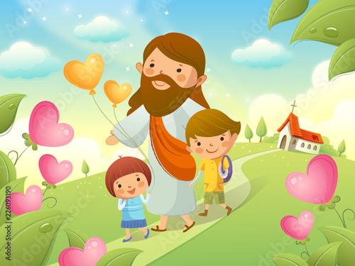 Fotomural Jesus Christ walking with two children
