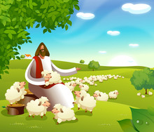 Jesus Christ Sitting With A Flock Of Sheep