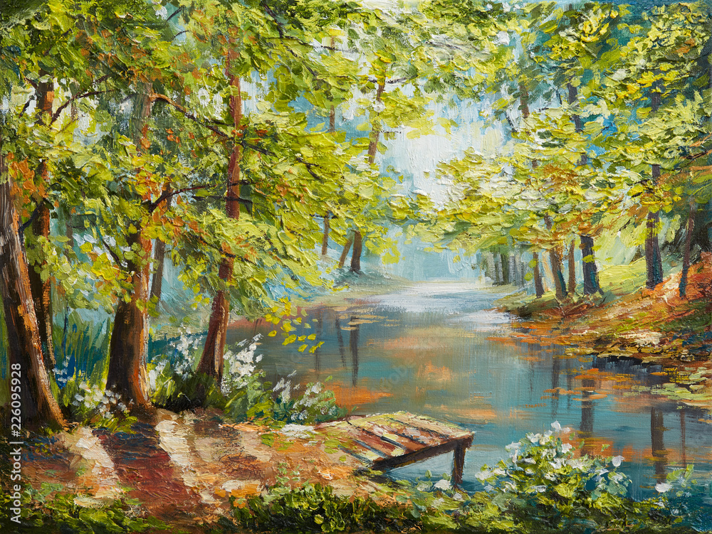Oil painting landscape - autumn forest near the river, orange leaves - obrazy, fototapety, plakaty 