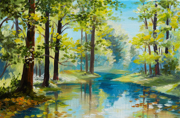 oil painting landscape - river in the forest, summer day