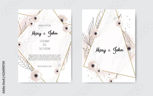 Botanical wedding invitation card template design, white and pink flowers on ...