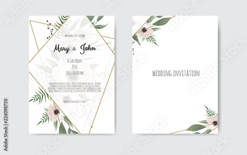 Botanical wedding invitation card template design, white and pink flowers. Ve...
