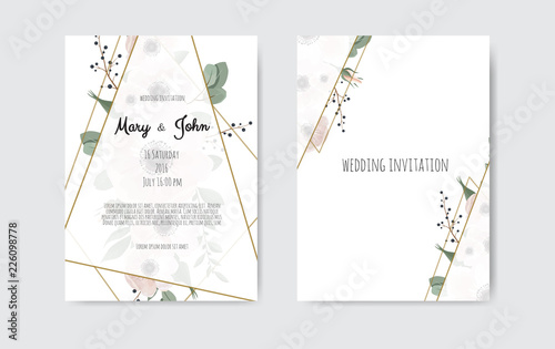 Botanical wedding invitation card template design, white and pink flowers. Ve...
