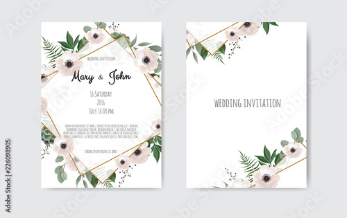 Botanical wedding invitation card template design, white and pink flowers. Ve...