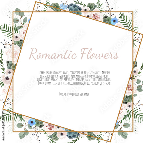 Card with leaves and geometrical frame. Floral poster.