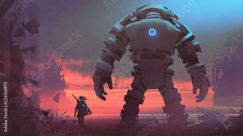 Fotomural giant robot and its owner looking at a ruined city at sunset, digital art style,