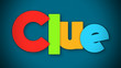 Clue - overlapping multicolor letters written on blue background